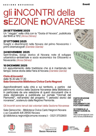 Novara - Al via “Gli incontri della Sezione Novarese” alla Biblioteca Civica Carlo Negroni